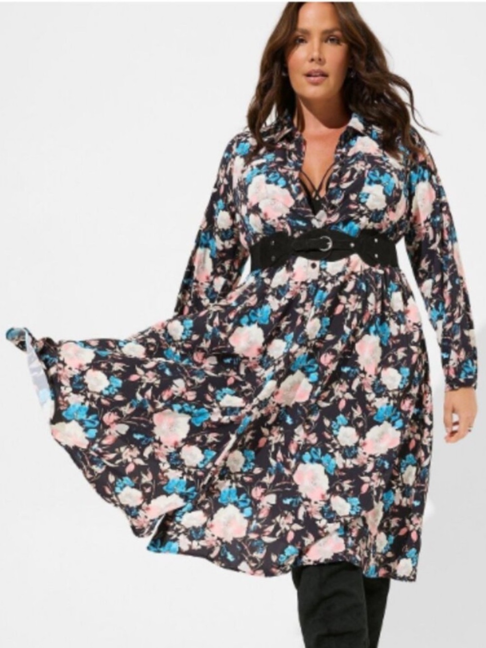 Torrid Size 3 Floral Button Front Midi Shirt Dress Black Pink Blue Blossoms NWT